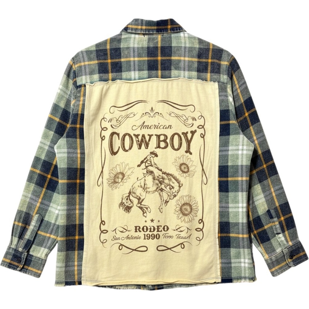 Upcycled Shirt American Cowboy Rodeo Plaid Flannel Shirt‎ Green Navy S